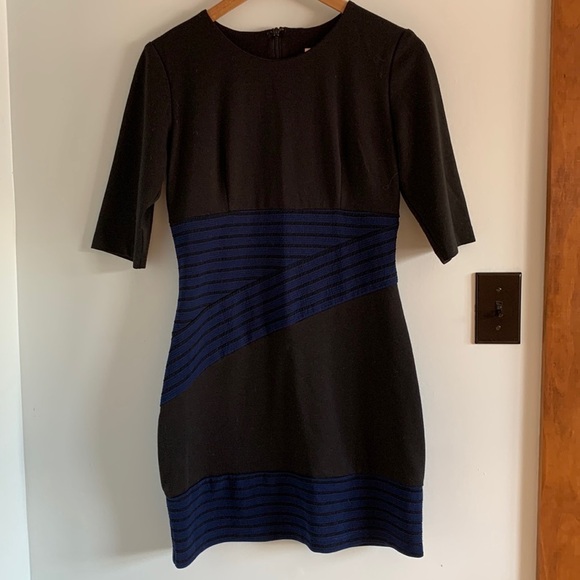 Hutch Ponte Stretch Black & Blue Stripe Slimming Panel Sheath Dress - Picture 1 of 5